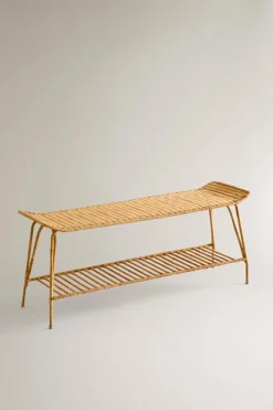 ZARA Móveis|Móveis^BANQUETA METAL RATÃ ENTRANÇADA Castanho