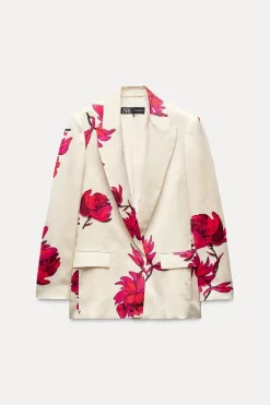 ZARA Blazers / Coletes^BLAZER ACETINADO COM ESTAMPADO FLORAL Branco / Vermelho
