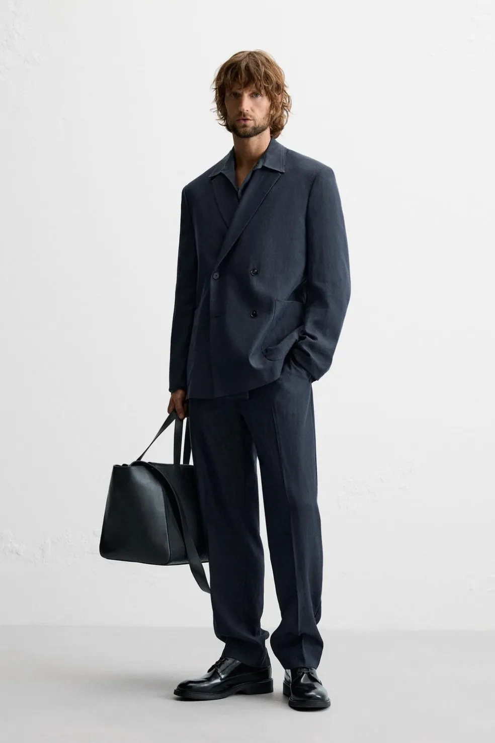 ZARA Blazers^BLAZER CRUZADO DE FATO ESPIGA Azul-marinho