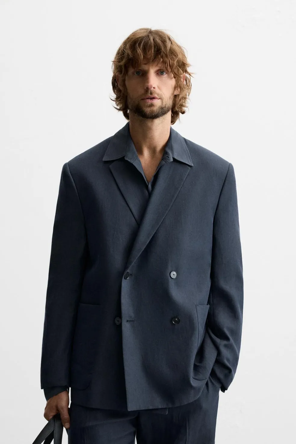 ZARA Blazers^BLAZER CRUZADO DE FATO ESPIGA Azul-marinho