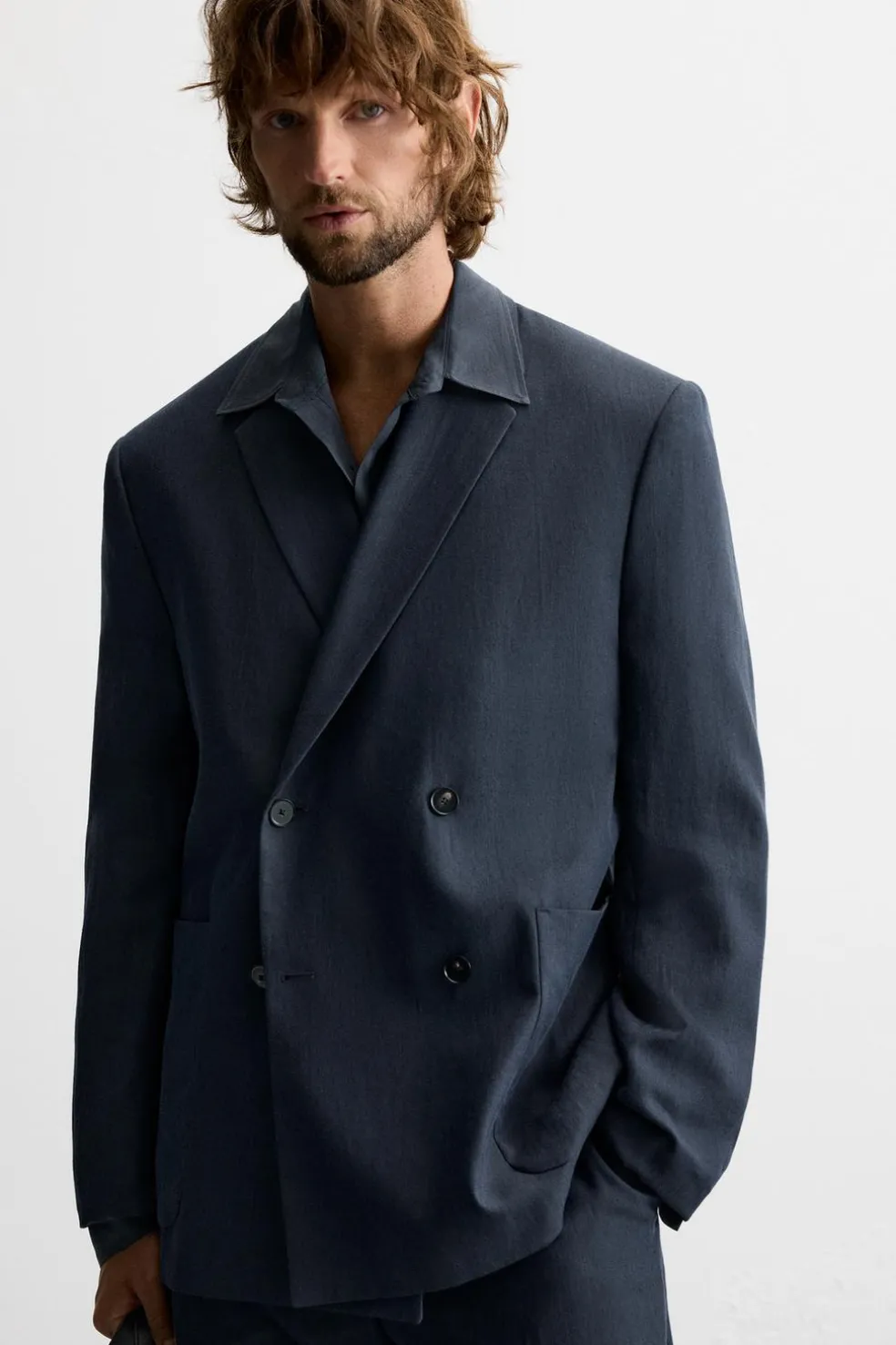 ZARA Blazers^BLAZER CRUZADO DE FATO ESPIGA Azul-marinho
