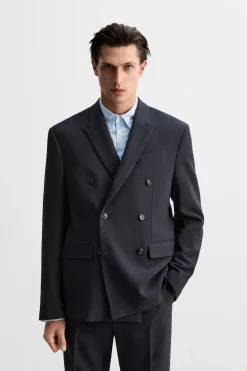 ZARA Blazers^BLAZER CRUZADO DE FATO ESPIGA Azul-marinho
