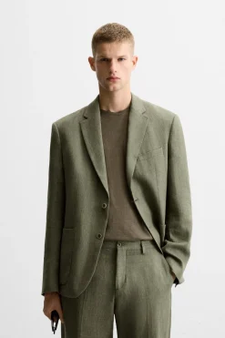 ZARA Blazers^BLAZER DE FATO ALGODÃO - LINHO Verde-médio