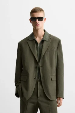 ZARA Blazers^BLAZER DE FATO ALGODÃO - LINHO Caqui