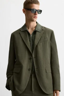 ZARA Blazers^BLAZER DE FATO ALGODÃO - LINHO Caqui