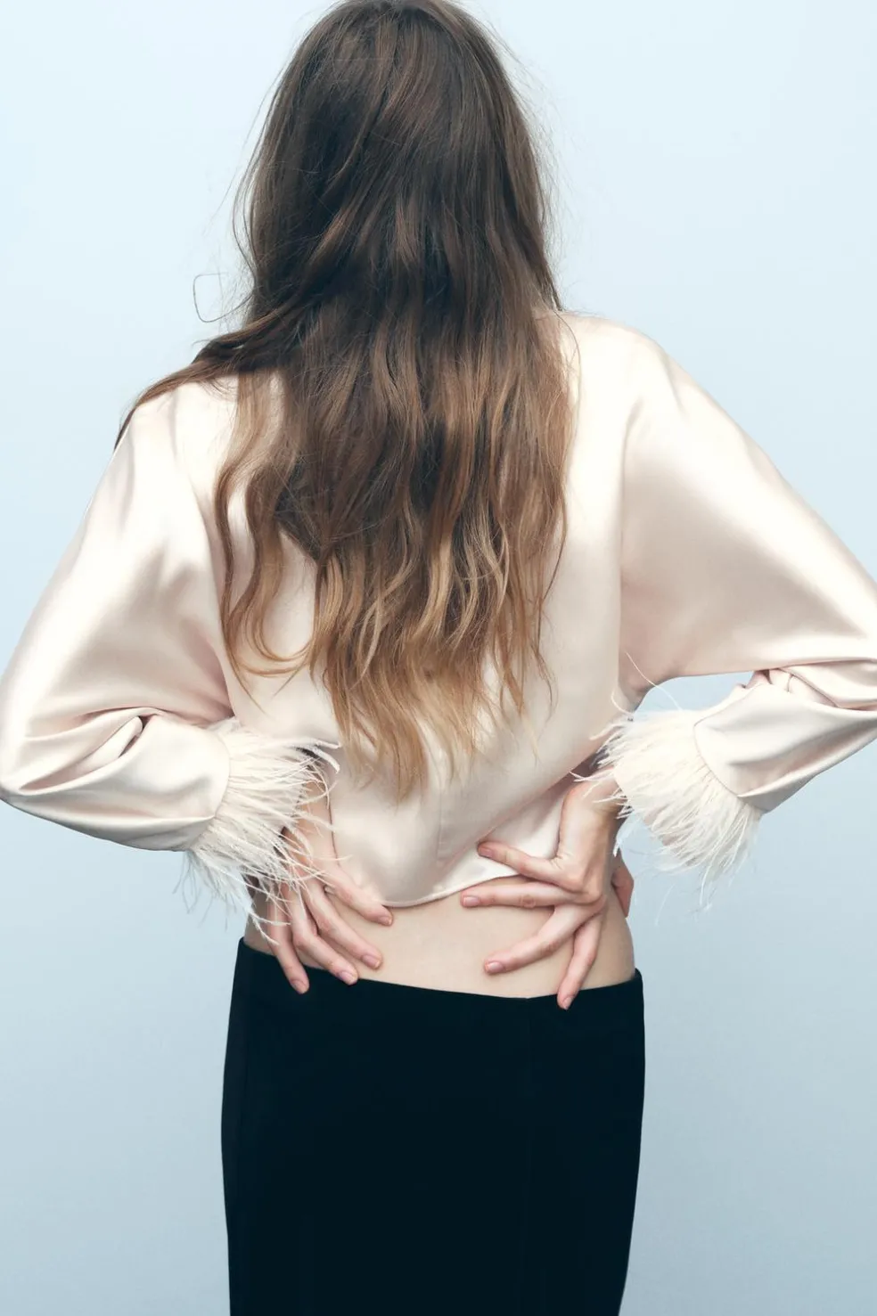 ZARA Tops / Bodies|Camisas / Blusas^BLUSA CROPPED ACETINADA COM PENAS rosa-bege