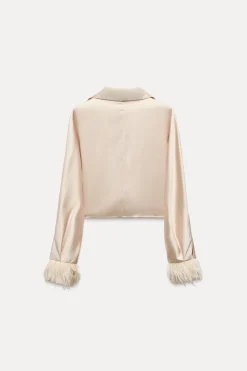 ZARA Tops / Bodies|Camisas / Blusas^BLUSA CROPPED ACETINADA COM PENAS rosa-bege