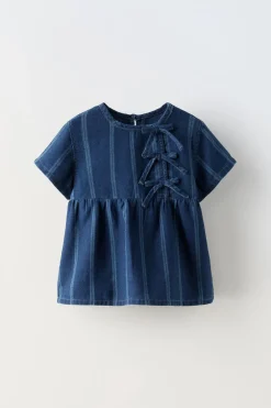 BLUSA DENIM ÀS RISCAS COM LAÇOS-ZARA Cheap