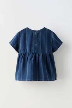 BLUSA DENIM ÀS RISCAS COM LAÇOS-ZARA Cheap