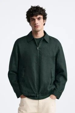 ZARA Blusões^BLUSÃO 100% LINHO Verde-escuro