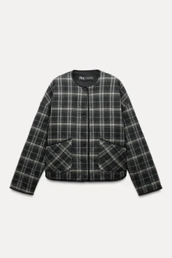 ZARA Blusões^BLUSÃO ACOLCHOADO AOS QUADRADOS Cru / Azul