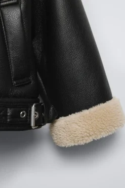 BLUSÃO BIKER COM EFEITO DE PELE E EFEITO DE PELO ENCARACOLADO-ZARA Fashion