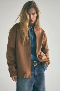 ZARA Blusões^BLUSÃO BOMBER COM EFEITO CAMURÇA Camel-médio