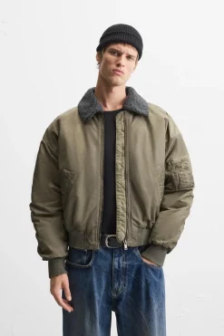ZARA Vestuário De Inverno|Blusões^BLUSÃO BOMBER COM GOLA AMOVÍVEL Verde