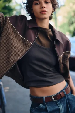 ZARA Blusões^BLUSÃO BOMBER COMBINADO XADREZ Castanho