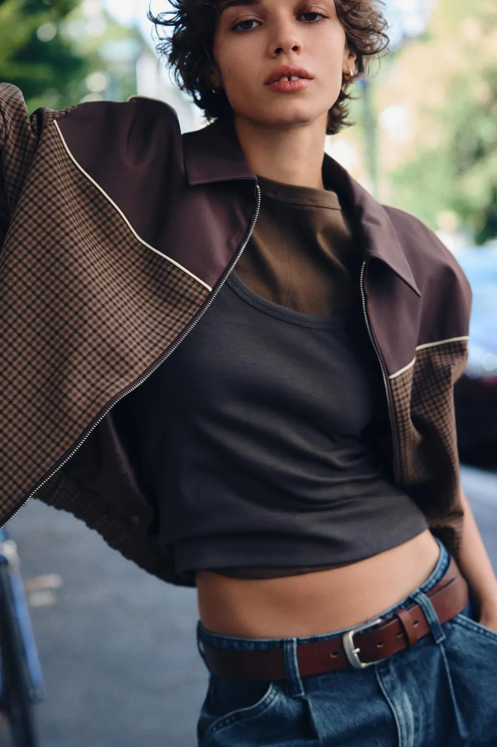 ZARA Blusões^BLUSÃO BOMBER COMBINADO XADREZ Castanho