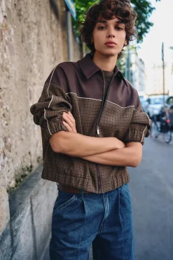 ZARA Blusões^BLUSÃO BOMBER COMBINADO XADREZ Castanho