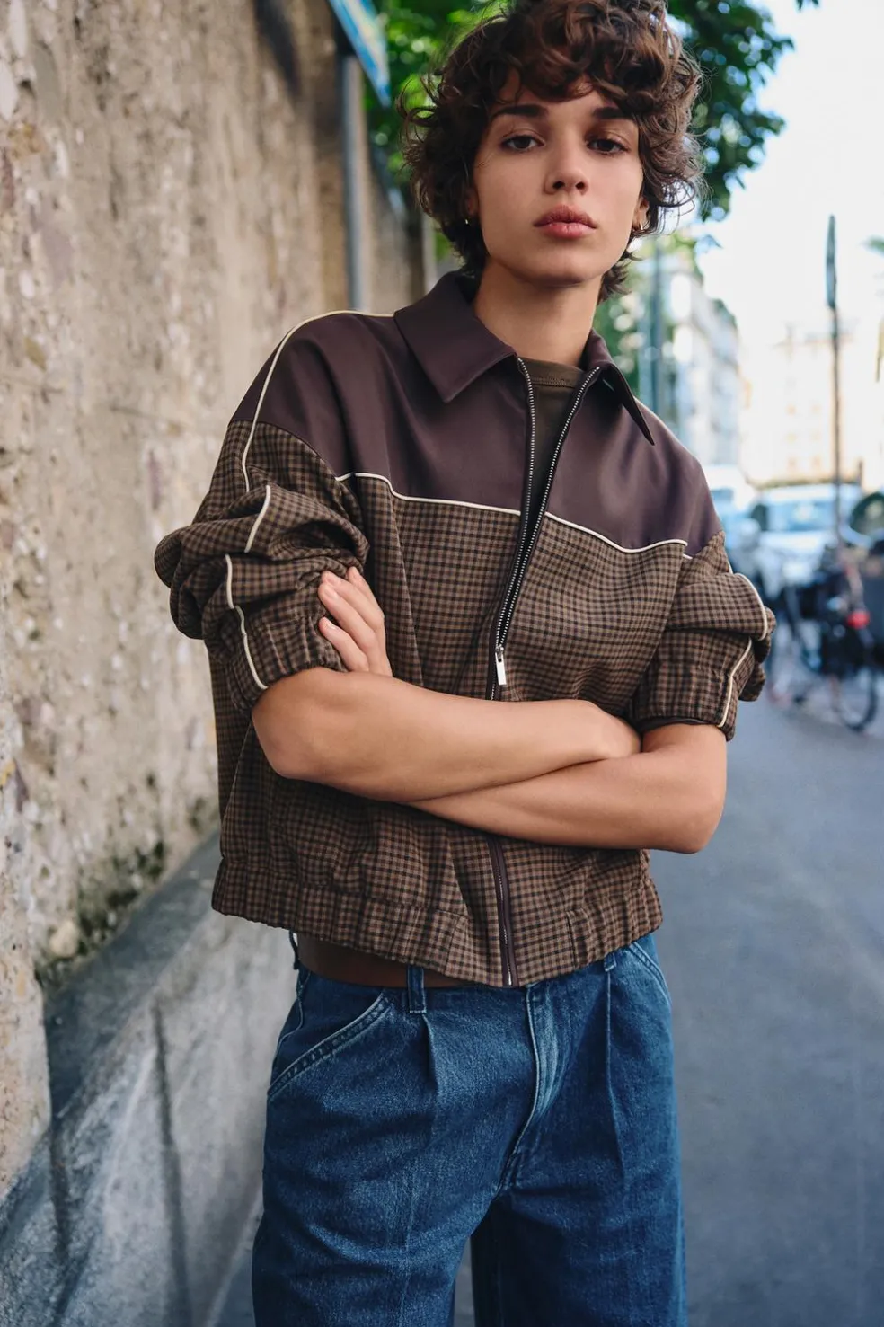 ZARA Blusões^BLUSÃO BOMBER COMBINADO XADREZ Castanho