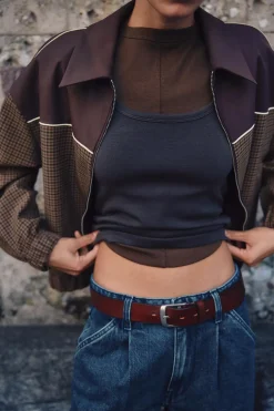 ZARA Blusões^BLUSÃO BOMBER COMBINADO XADREZ Castanho