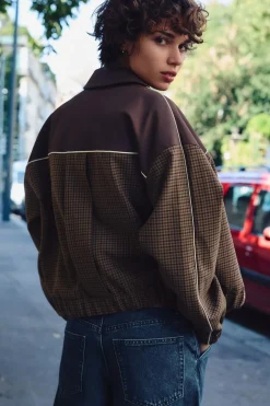 ZARA Blusões^BLUSÃO BOMBER COMBINADO XADREZ Castanho