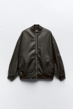 ZARA Blusões^BLUSÃO BOMBER OVERSIZE COM EFEITO DE PELE DESGASTADA Cinzento / Bege