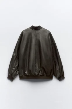 ZARA Blusões^BLUSÃO BOMBER OVERSIZE COM EFEITO DE PELE DESGASTADA Cinzento / Bege