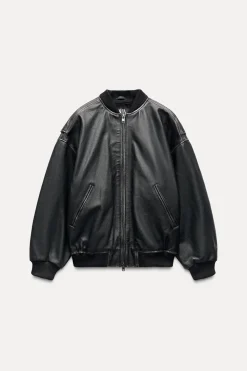 ZARA Blusões^BLUSÃO BOMBER OVERSIZE PELE Castanho-escuro