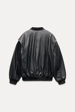 ZARA Blusões^BLUSÃO BOMBER OVERSIZE PELE Castanho-escuro