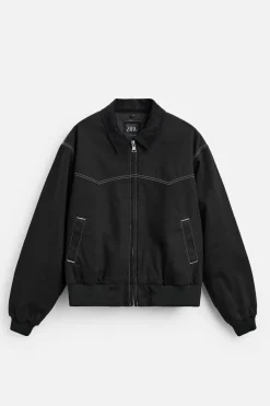 ZARA Blusões^BLUSÃO BOMBER PESPONTOS EM CONTRASTE Preto