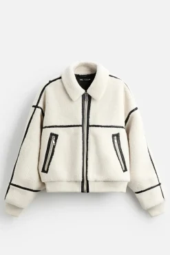 ZARA Vestuário De Inverno|Blusões^BLUSÃO COM EFEITO DE PELO ENCARACOLADO CONTRASTANTE Branco-marfim