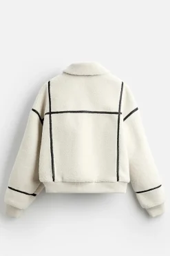 ZARA Vestuário De Inverno|Blusões^BLUSÃO COM EFEITO DE PELO ENCARACOLADO CONTRASTANTE Branco-marfim