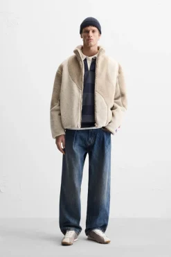 ZARA Vestuário De Inverno|Blusões^BLUSÃO COM EFEITO DE PELO ENCARACOLADO COLOR BLOCK Bege
