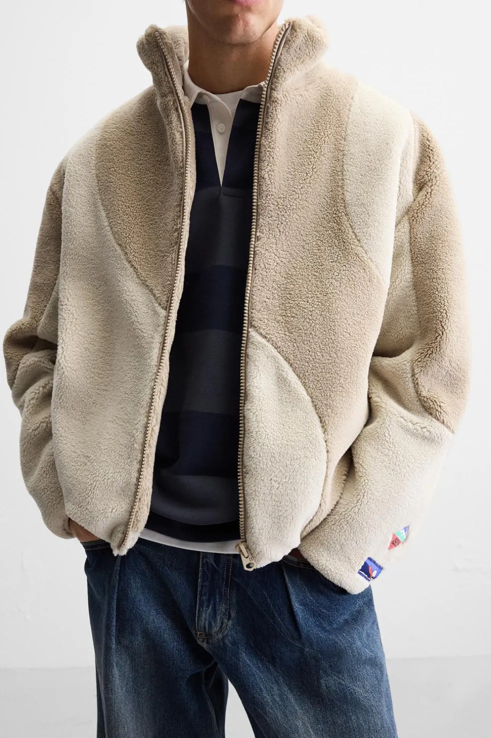 ZARA Vestuário De Inverno|Blusões^BLUSÃO COM EFEITO DE PELO ENCARACOLADO COLOR BLOCK Bege