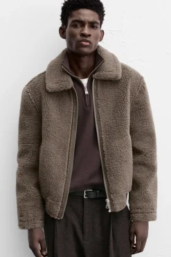 ZARA Vestuário De Inverno|Blusões^BLUSÃO COM EFEITO DE PELO ENCARACOLADO Castanho / Toupeira