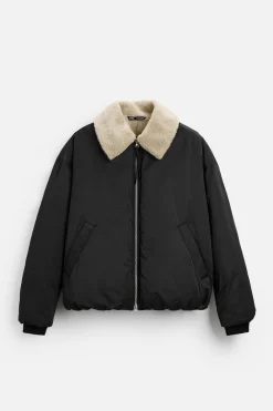 ZARA Vestuário De Inverno|Blusões^BLUSÃO COM GOLA COMBINADA Preto