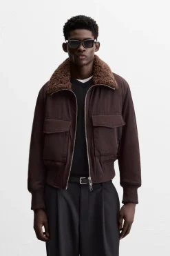 ZARA Vestuário De Inverno|Blusões^BLUSÃO COM GOLA COMBINADA Castanho-escuro