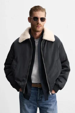 ZARA Vestuário De Inverno|Blusões^BLUSÃO COM GOLA COMBINADA Azul