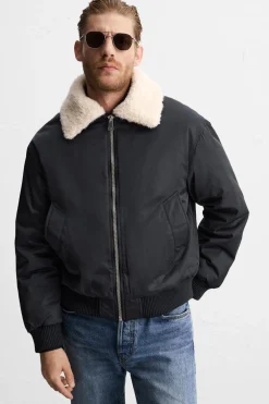 ZARA Vestuário De Inverno|Blusões^BLUSÃO COM GOLA COMBINADA Azul
