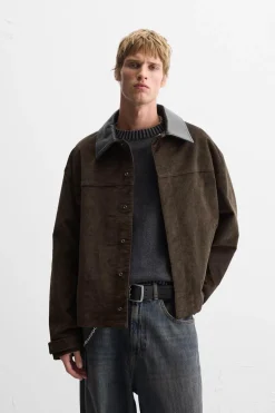 ZARA Blusões^BLUSÃO COM GOLA COMBINADA EM PELE Castanho
