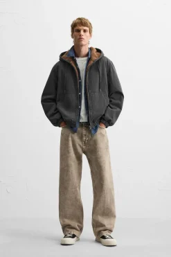 ZARA Vestuário De Inverno|Blusões^BLUSÃO COMBINADO CAPUZ Preto