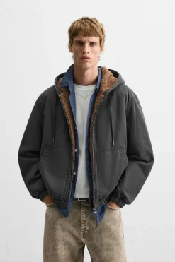 ZARA Vestuário De Inverno|Blusões^BLUSÃO COMBINADO CAPUZ Preto