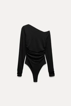 ZARA Winter Layersnew^BODY SUAVE ASSIMÉTRICO COM FRANZIDOS Preto