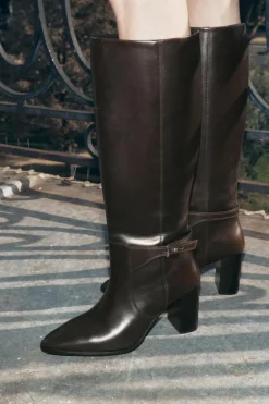 ZARA Sapatos^BOTA COM TACÃO E FIVELA EM PELE Castanho