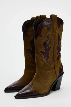 ZARA Sapatos^BOTA COM TACÃO EM CROUTE COMBINADA Castanho