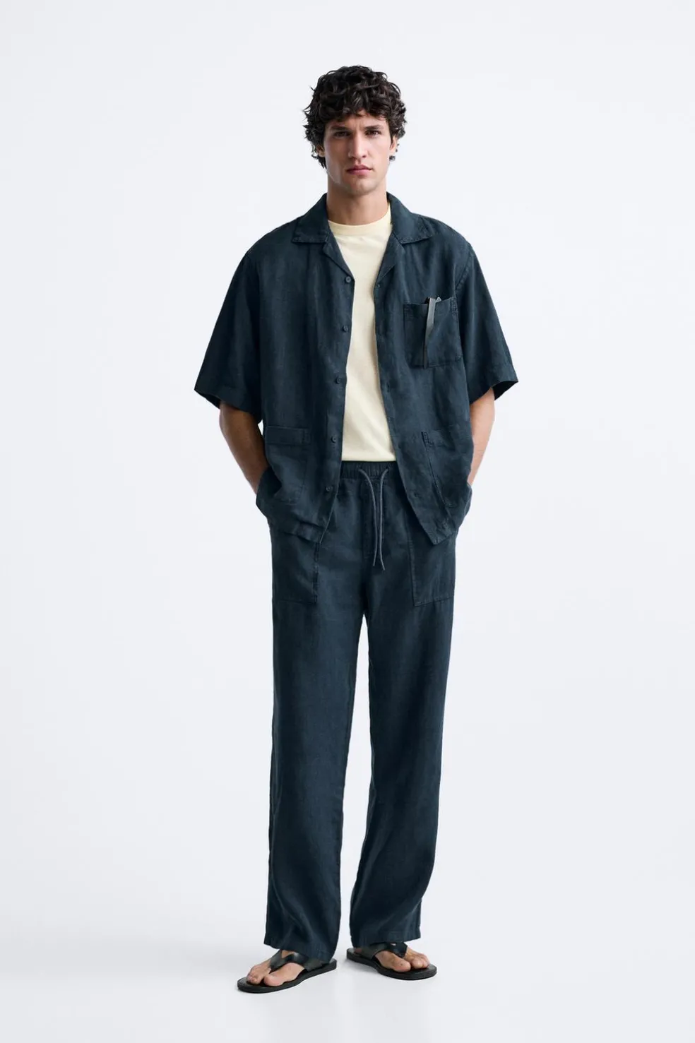 ZARA Calças^CALÇAS 100% LINHO Azul-marinho