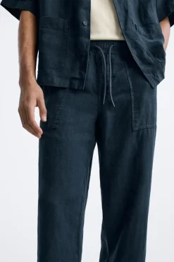 ZARA Calças^CALÇAS 100% LINHO Azul-marinho