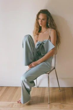ZARA Calças^CALÇAS ACETINADAS Azul / Cinzento