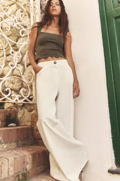 ZARA Calças^CALÇAS AMPLAS DE CINTURA SUBIDA Branco-marfim