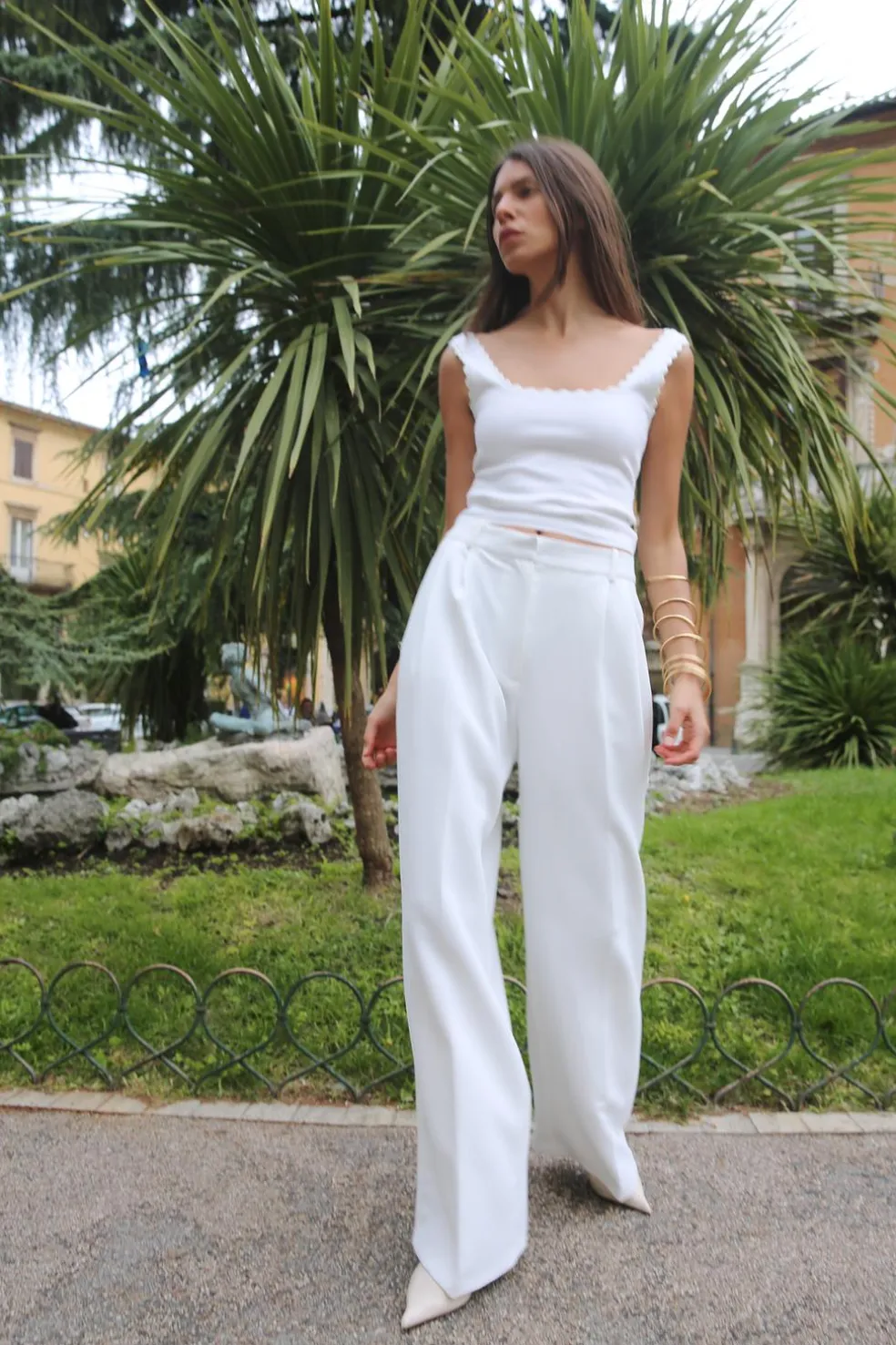 ZARA Calças^CALÇAS AMPLAS DE CINTURA SUBIDA Branco-marfim