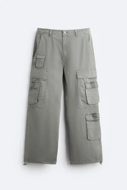 ZARA Calças^CALÇAS CARGO COM BOLSOS Cinzento-pérola
